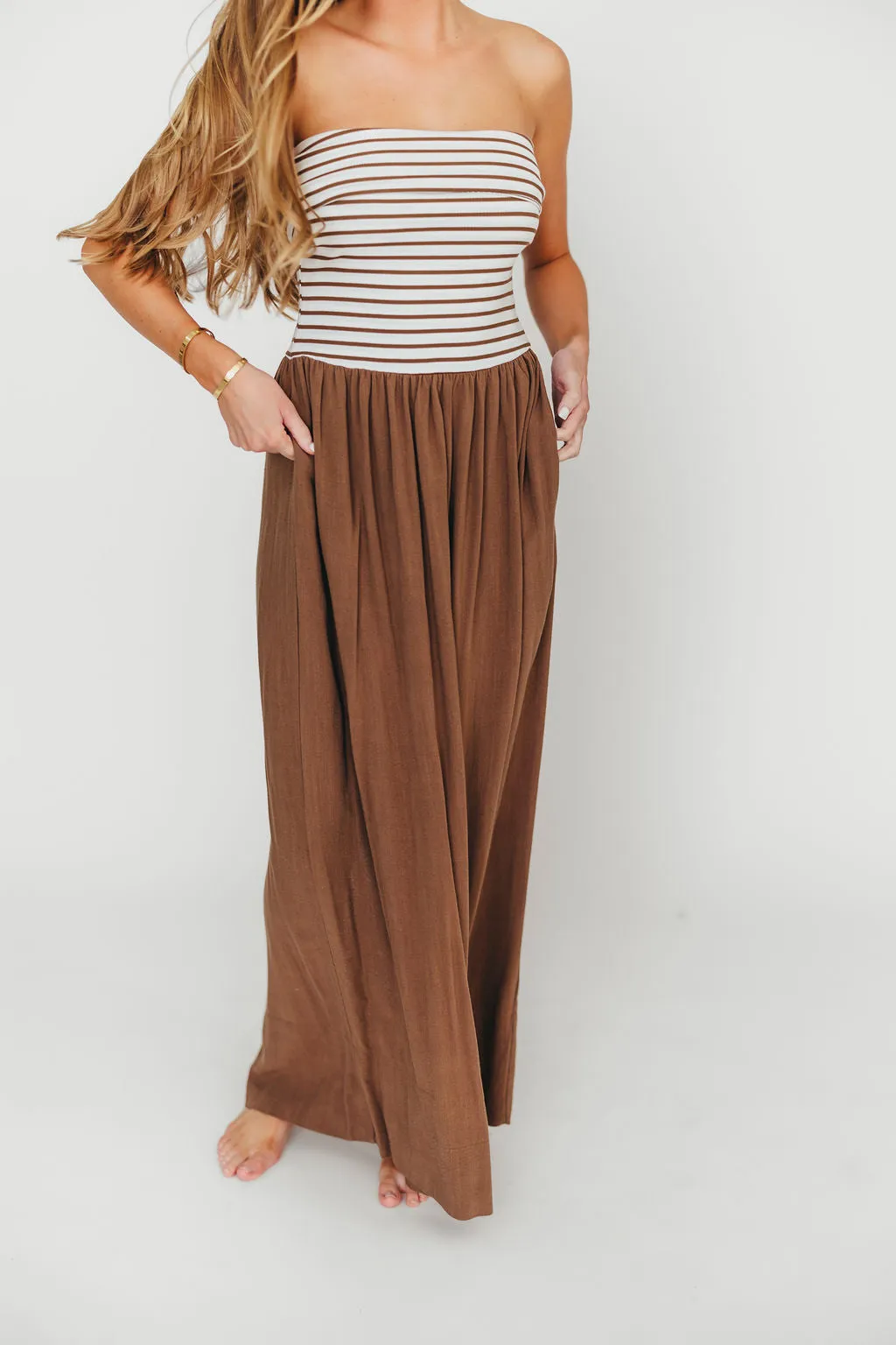 Annie Linen & Knit Maxi Dress in Mocha Stripe