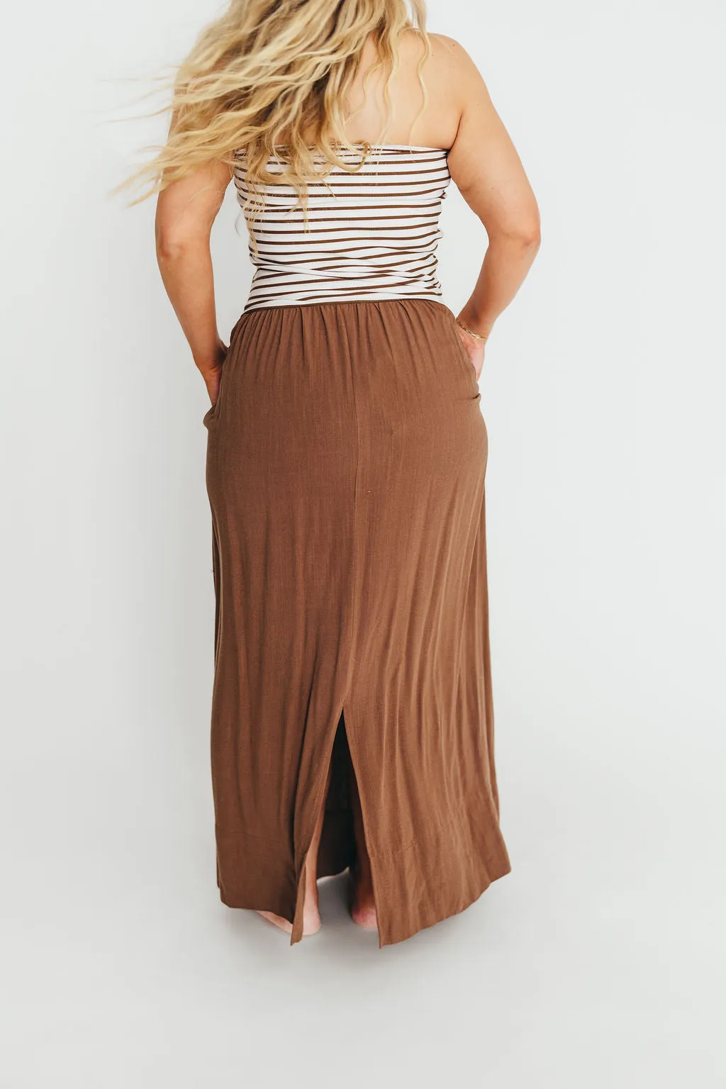 Annie Linen & Knit Maxi Dress in Mocha Stripe