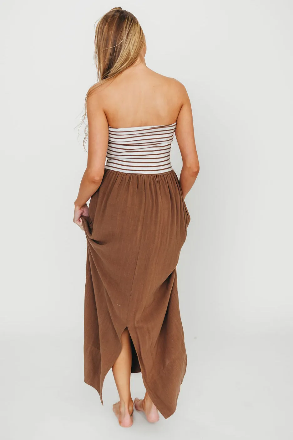Annie Linen & Knit Maxi Dress in Mocha Stripe