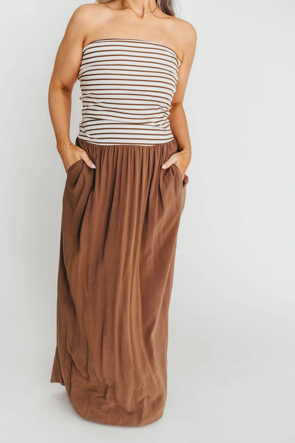 Annie Linen & Knit Maxi Dress in Mocha Stripe