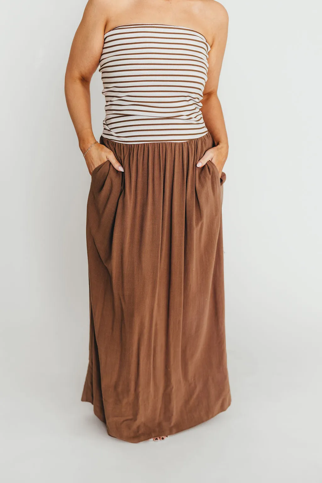 Annie Linen & Knit Maxi Dress in Mocha Stripe