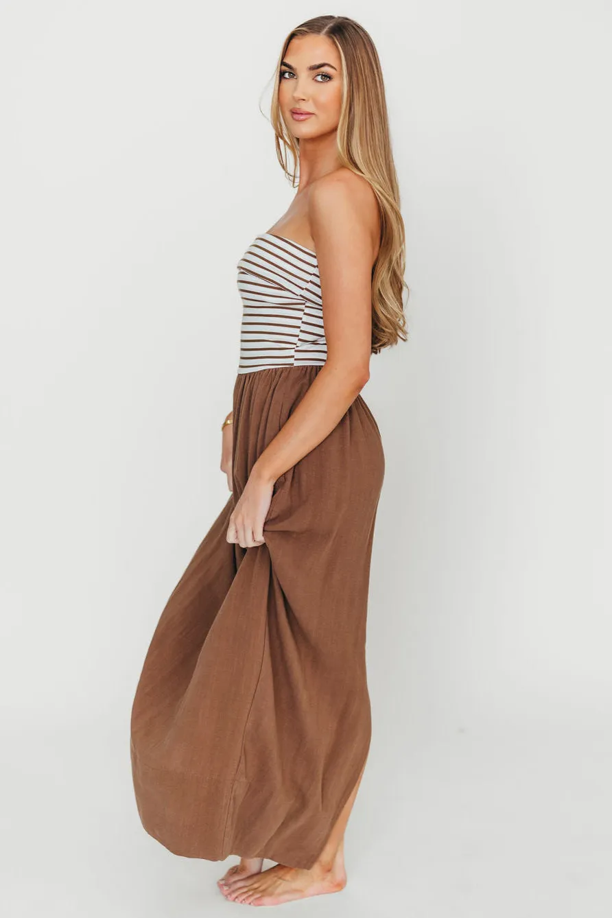 Annie Linen & Knit Maxi Dress in Mocha Stripe