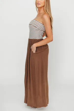 Annie Linen & Knit Maxi Dress in Mocha Stripe