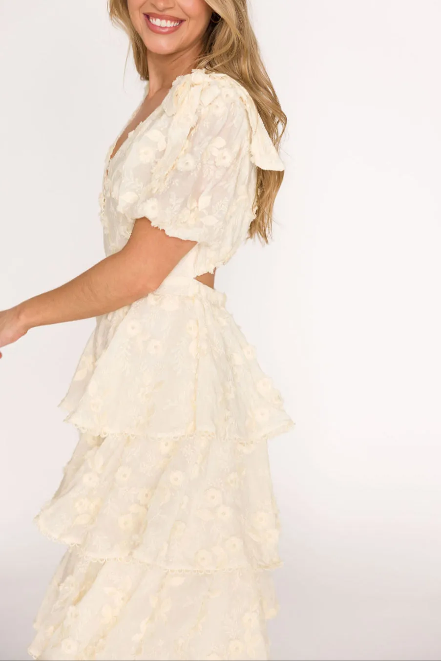 Arianell Embroidered Midi Dress in Cream