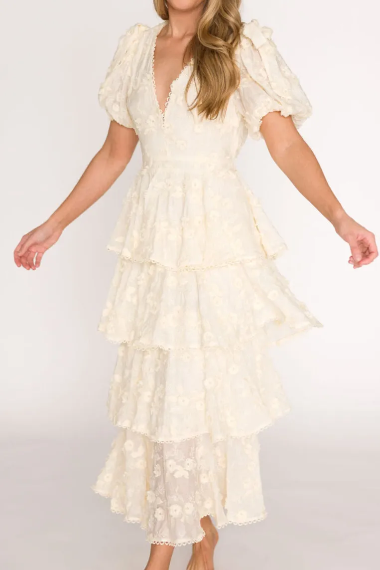 Arianell Embroidered Midi Dress in Cream