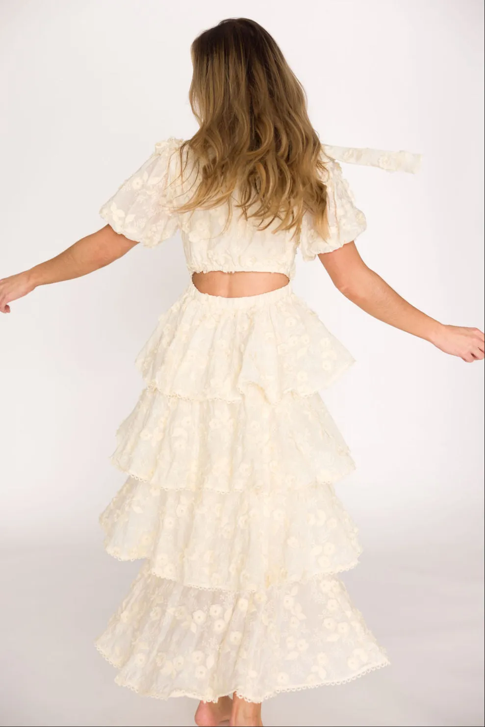 Arianell Embroidered Midi Dress in Cream
