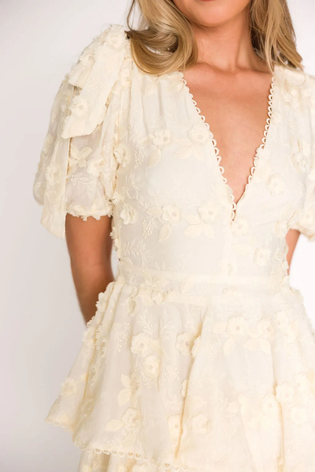 Arianell Embroidered Midi Dress in Cream