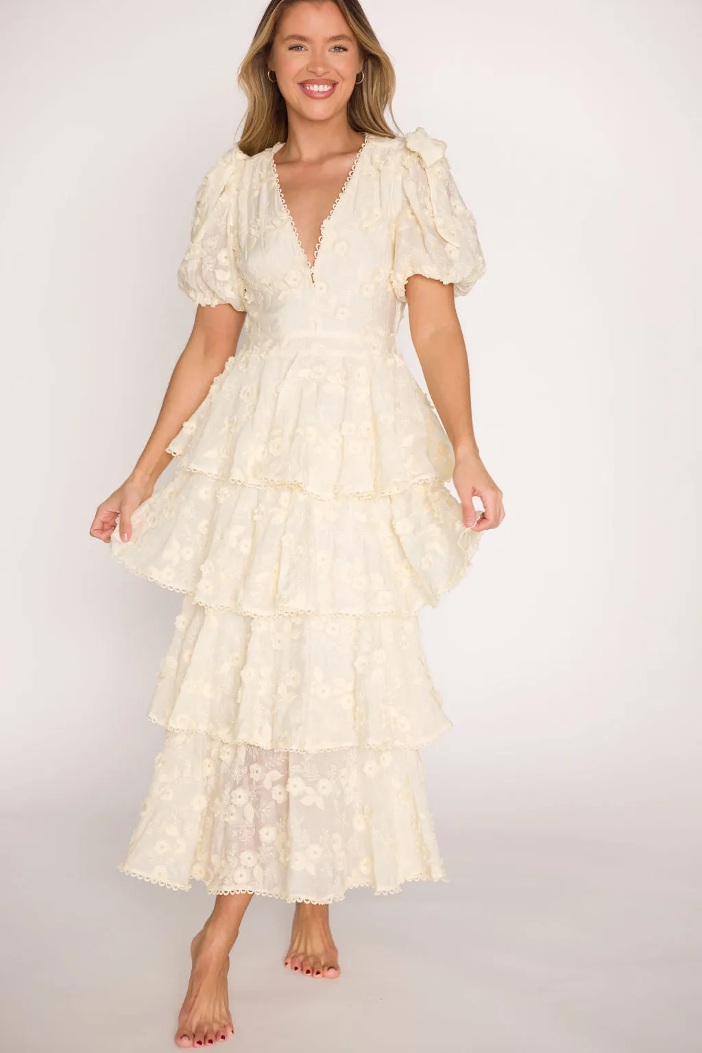Arianell Embroidered Midi Dress in Cream