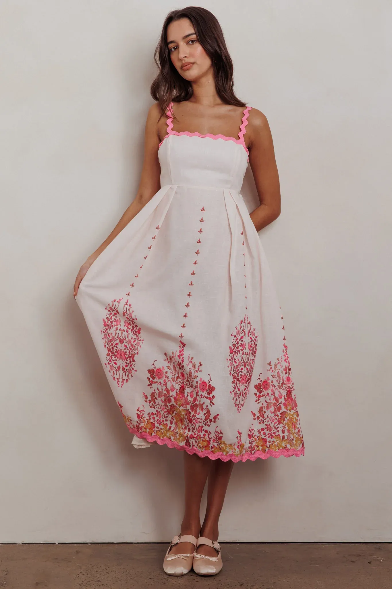 Asami Floral Print Ric Rac Trim Midi Dress Blush