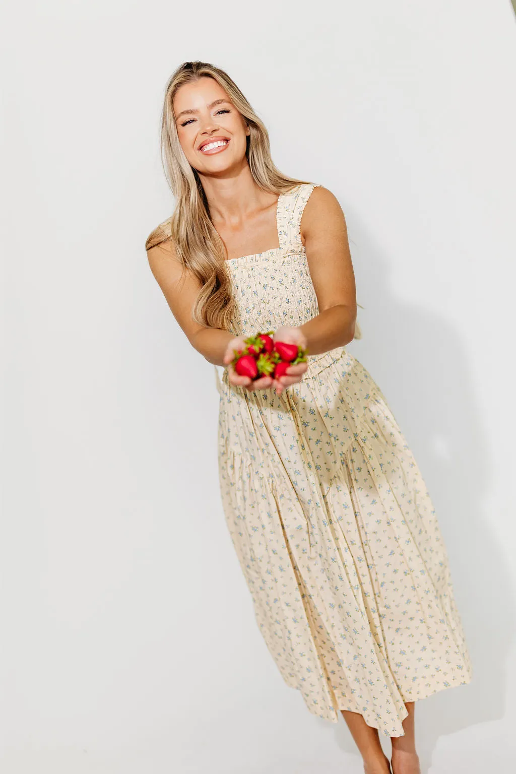 Ava 100% Cotton Smocked Midi Dress In Cream/Blue Floral