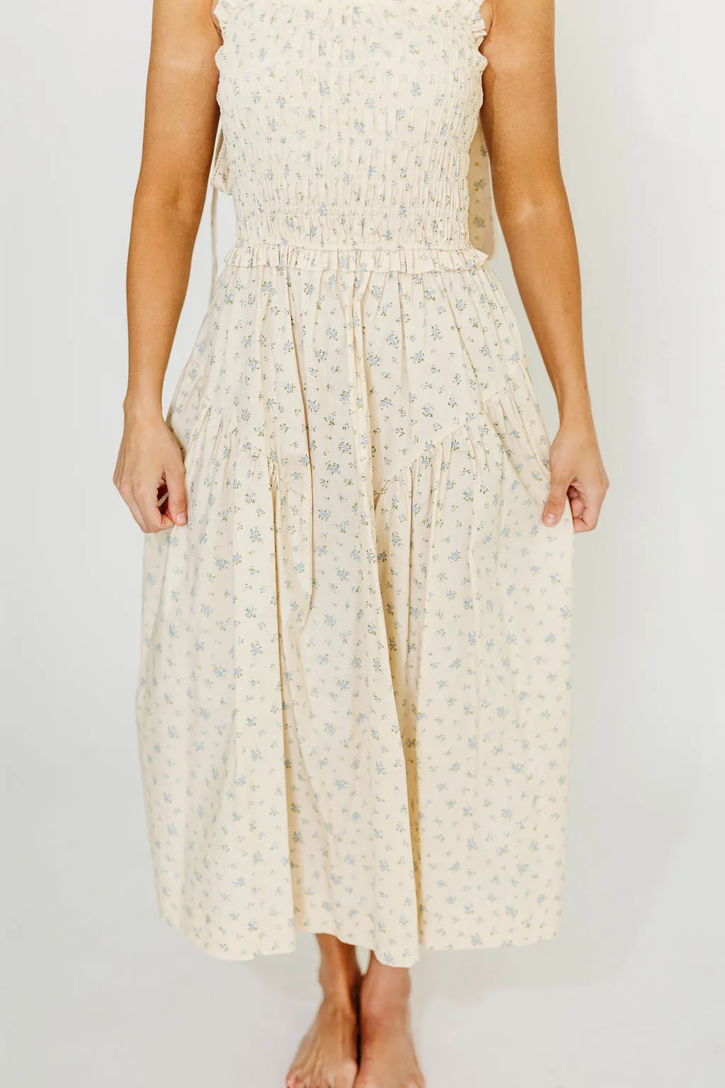 Ava 100% Cotton Smocked Midi Dress In Cream/Blue Floral