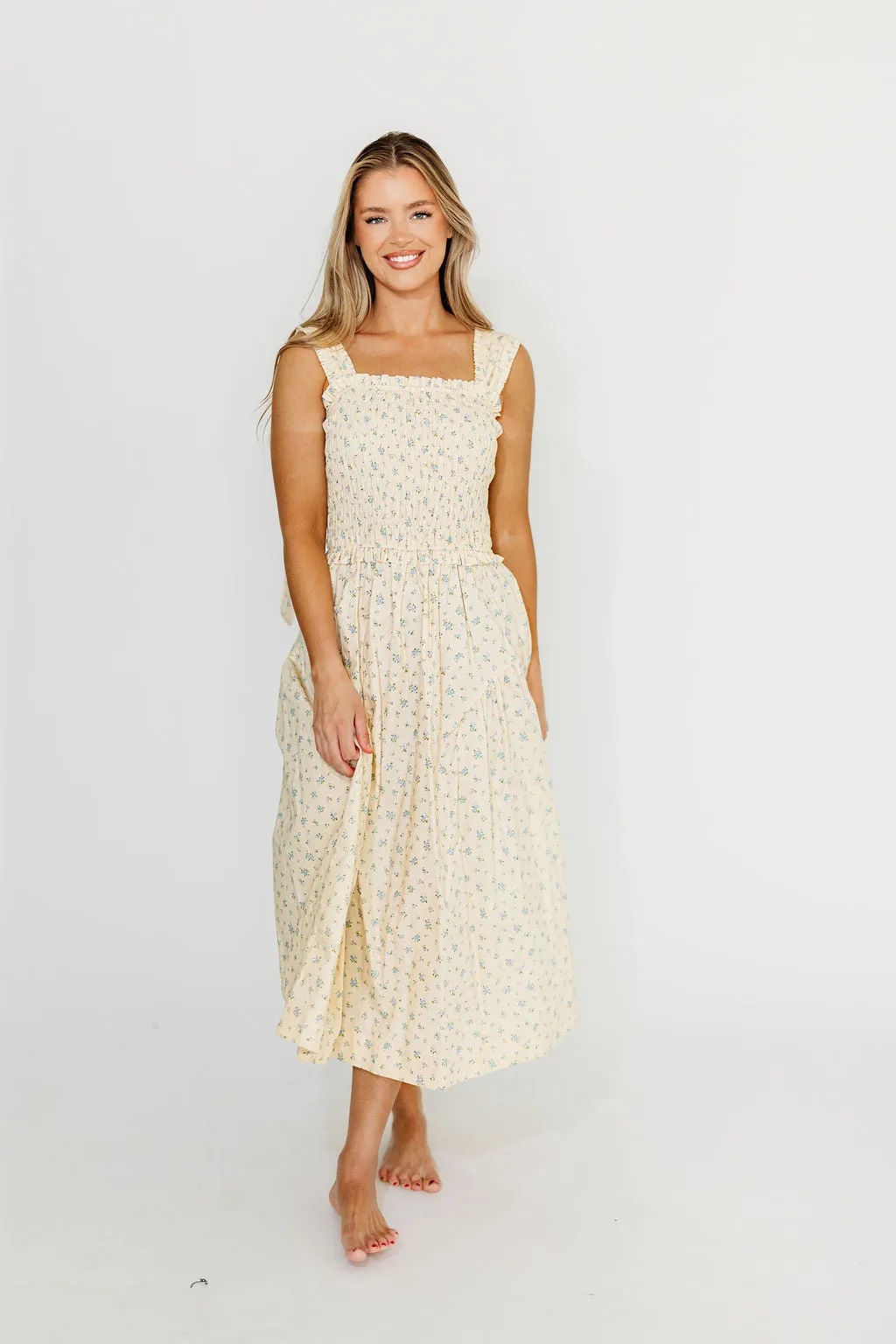 Ava 100% Cotton Smocked Midi Dress In Cream/Blue Floral