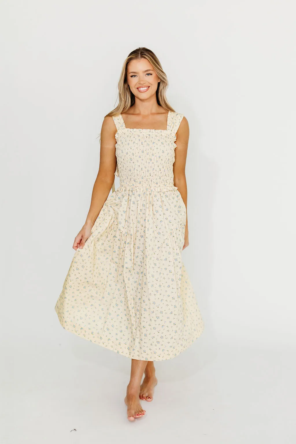Ava 100% Cotton Smocked Midi Dress In Cream/Blue Floral