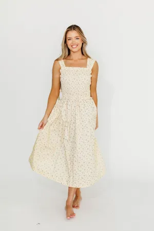Ava 100% Cotton Smocked Midi Dress In Cream/Blue Floral