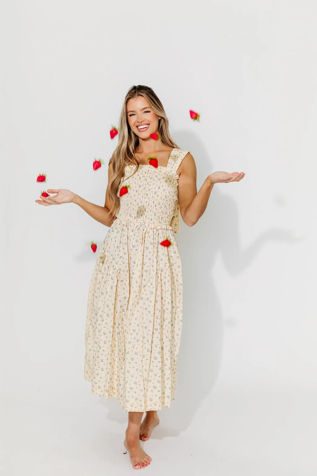 Ava 100% Cotton Smocked Midi Dress In Cream/Blue Floral