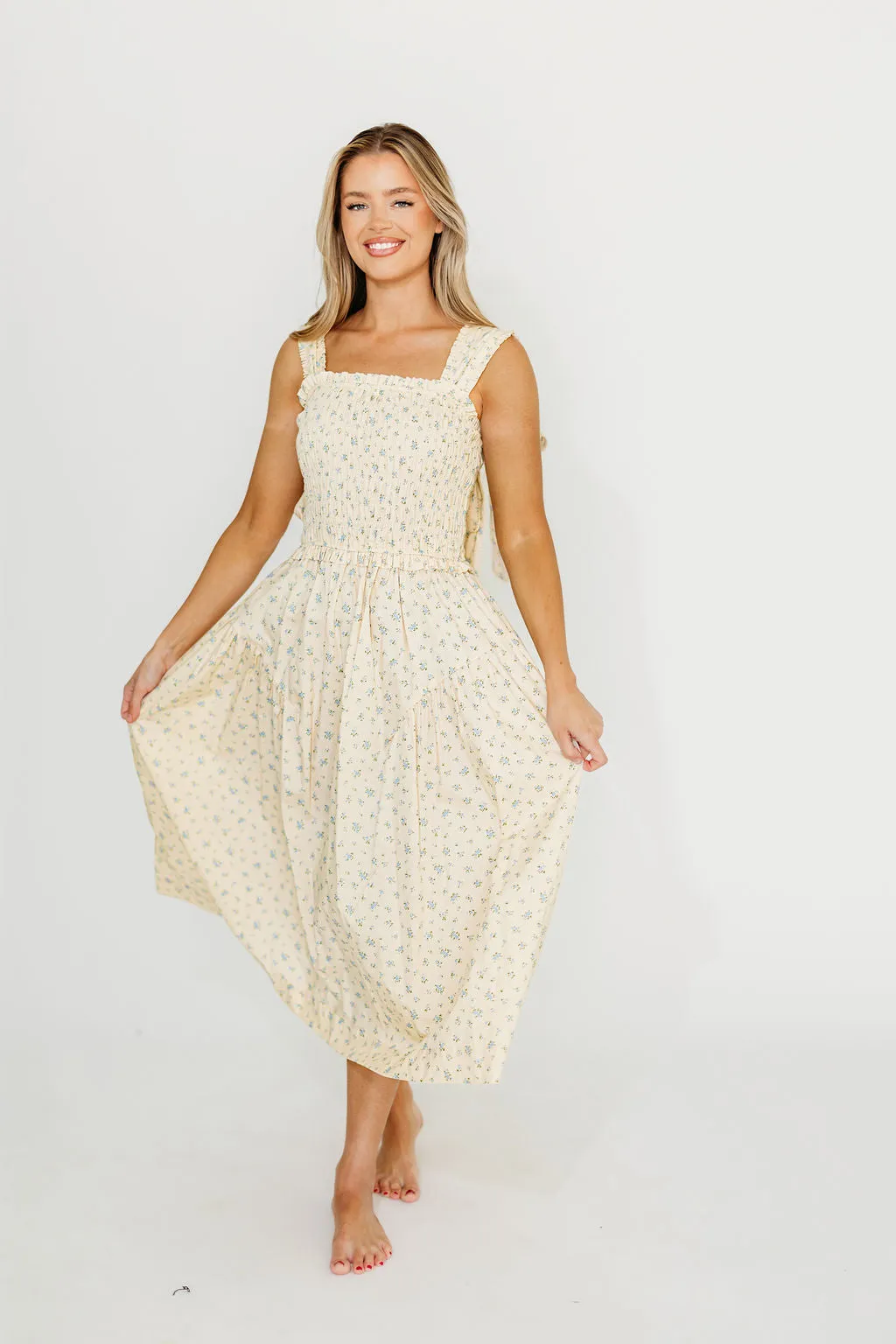 Ava 100% Cotton Smocked Midi Dress In Cream/Blue Floral
