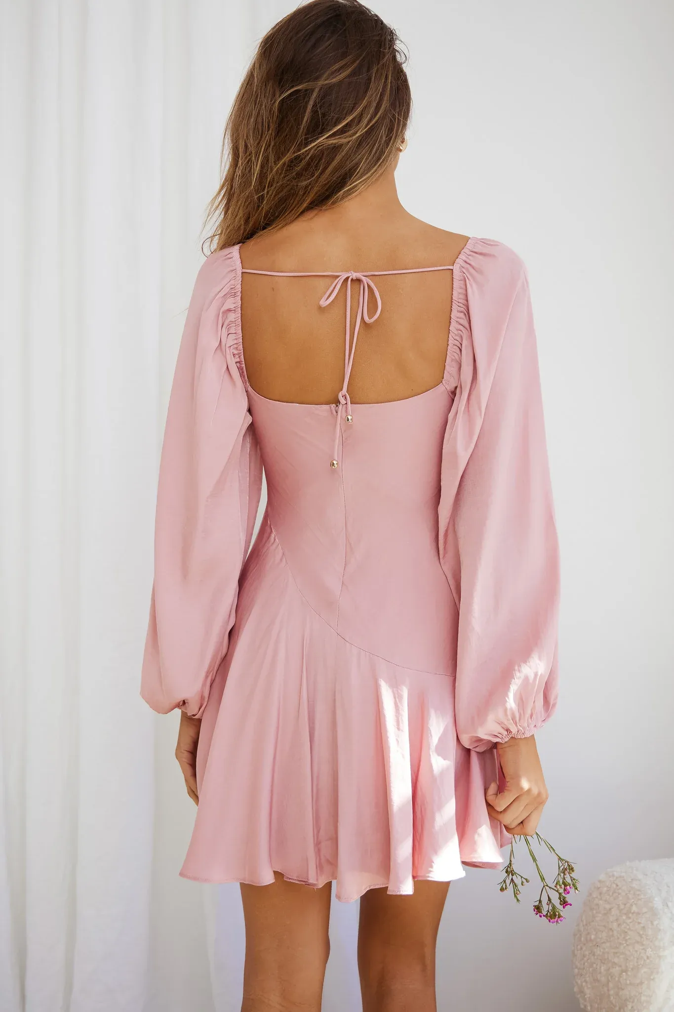 Beaujolais Long Sleeve Cowl Neckline Ruffle Satin Mini Dress Blush