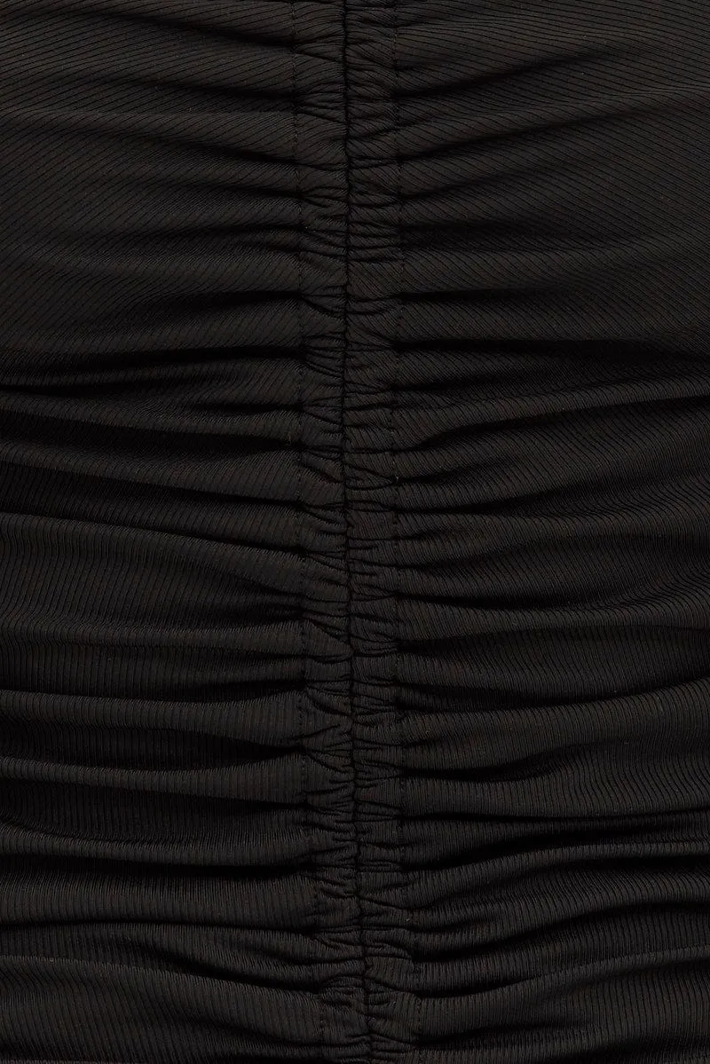 Black Bodycon Dress Mini Sleeveless Ruched Rib Jersey