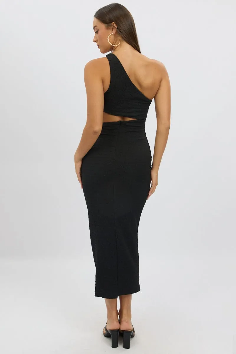 Black Bodycon Dress One Shoulder Textured