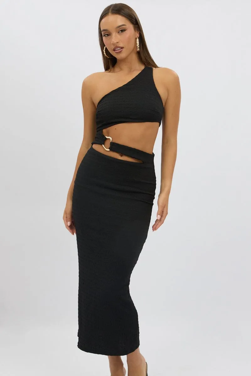 Black Bodycon Dress One Shoulder Textured