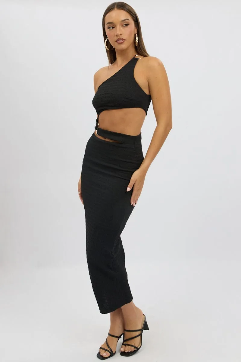 Black Bodycon Dress One Shoulder Textured