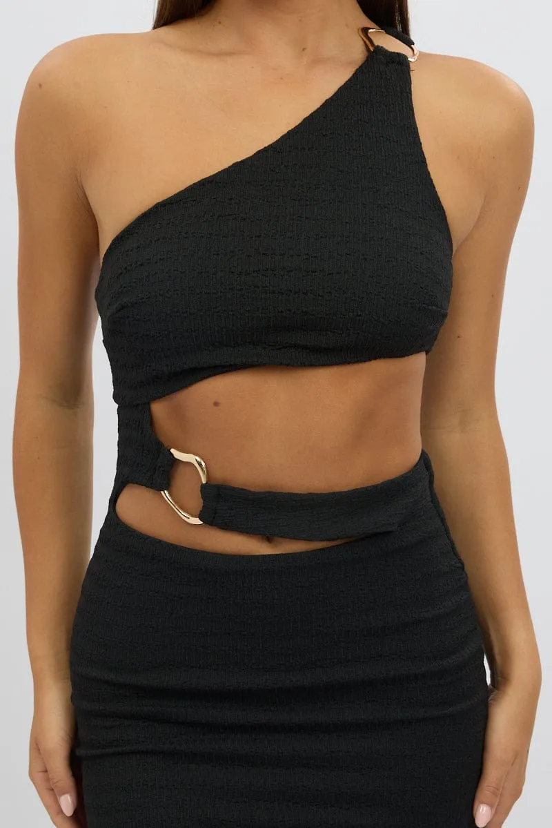 Black Bodycon Dress One Shoulder Textured