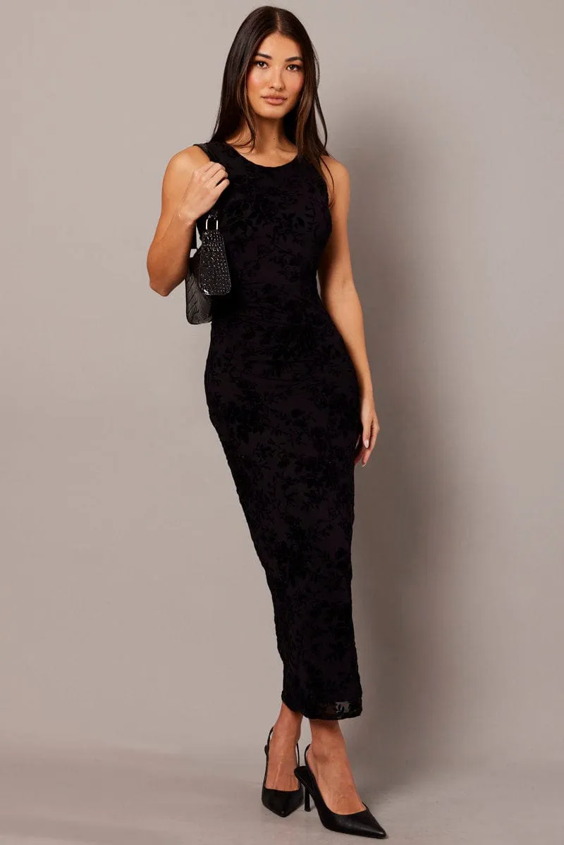 Black Bodycon Dress Round Neck Sleeveless Burnout