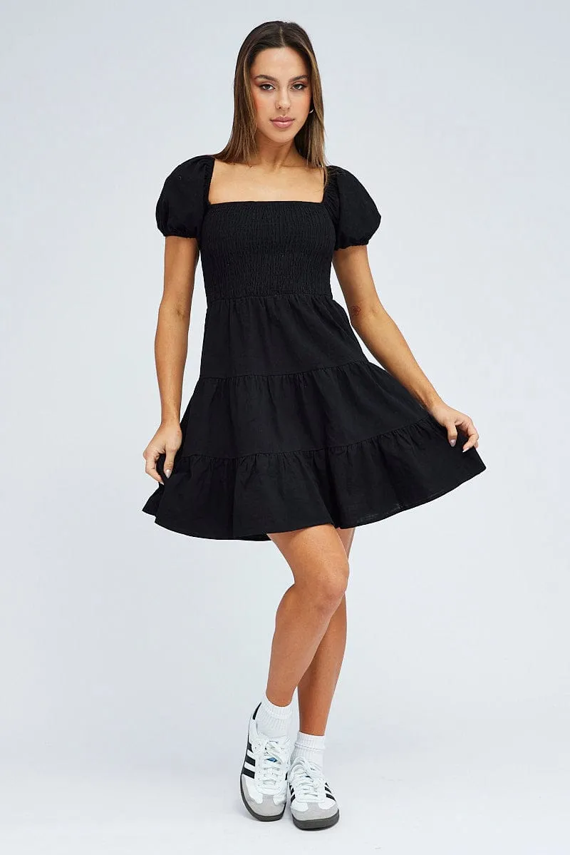 Black Fit and Flare Dress Short Sleeve Shirred