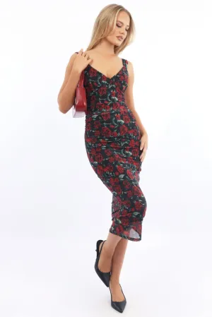 Black Floral Bodycon Dress Mesh