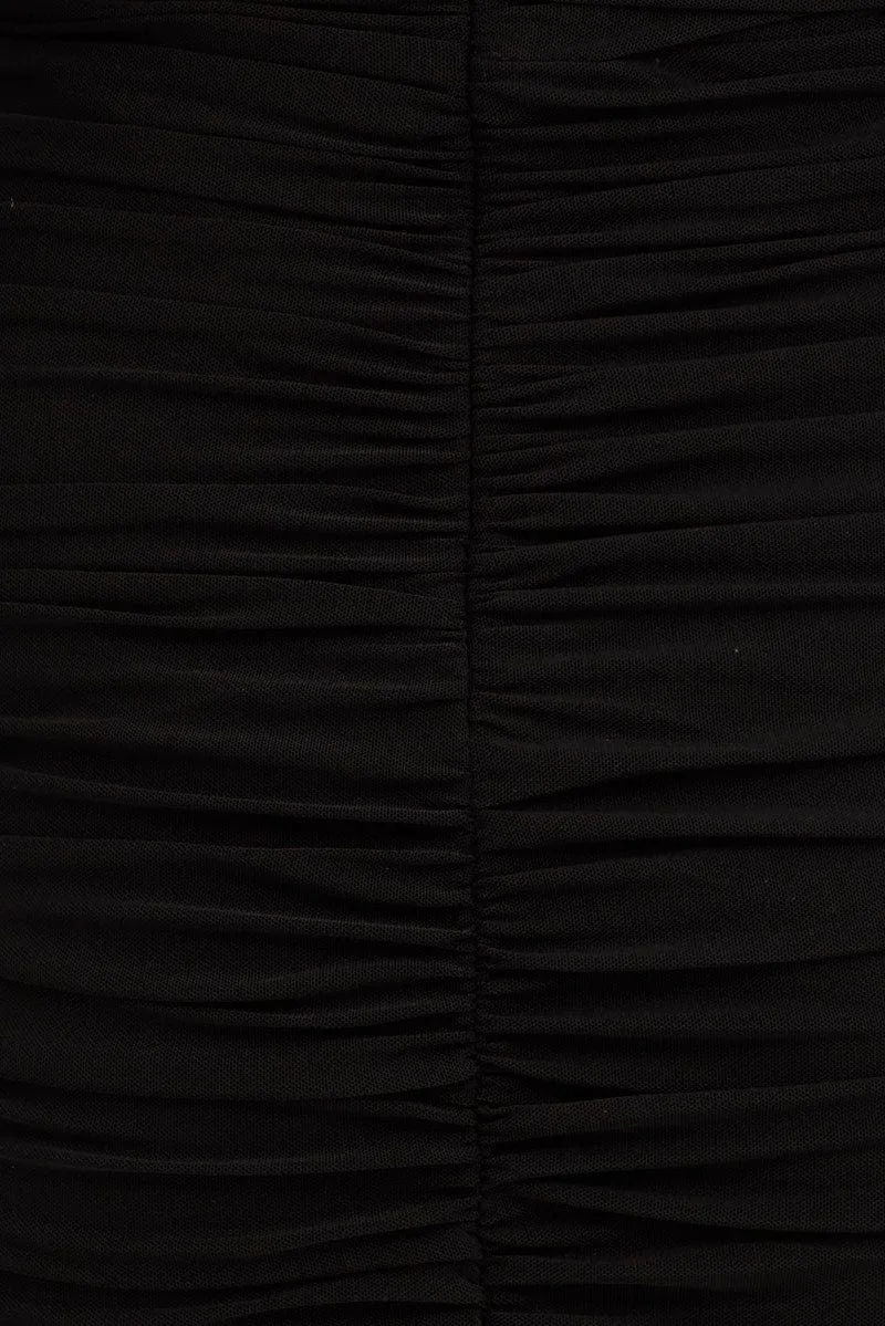 Black Midi Dress Bodycon Ruched Mesh