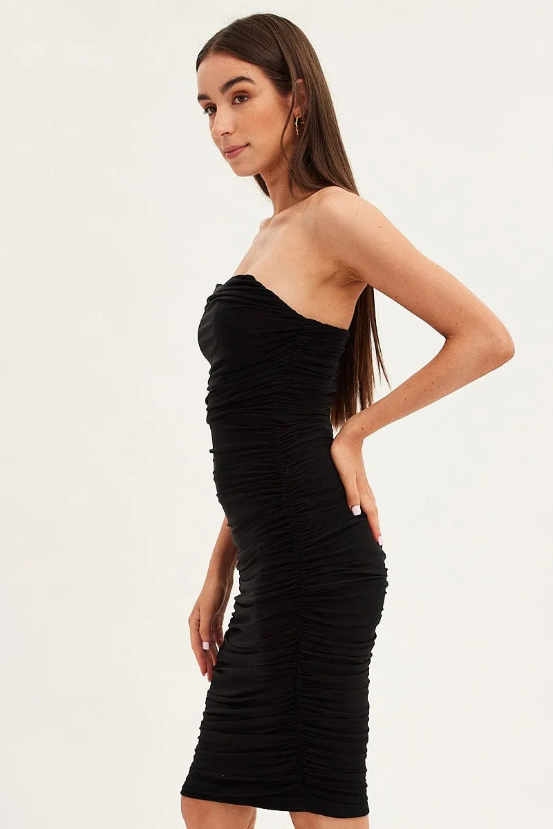 Black Midi Dress Bodycon Ruched Mesh