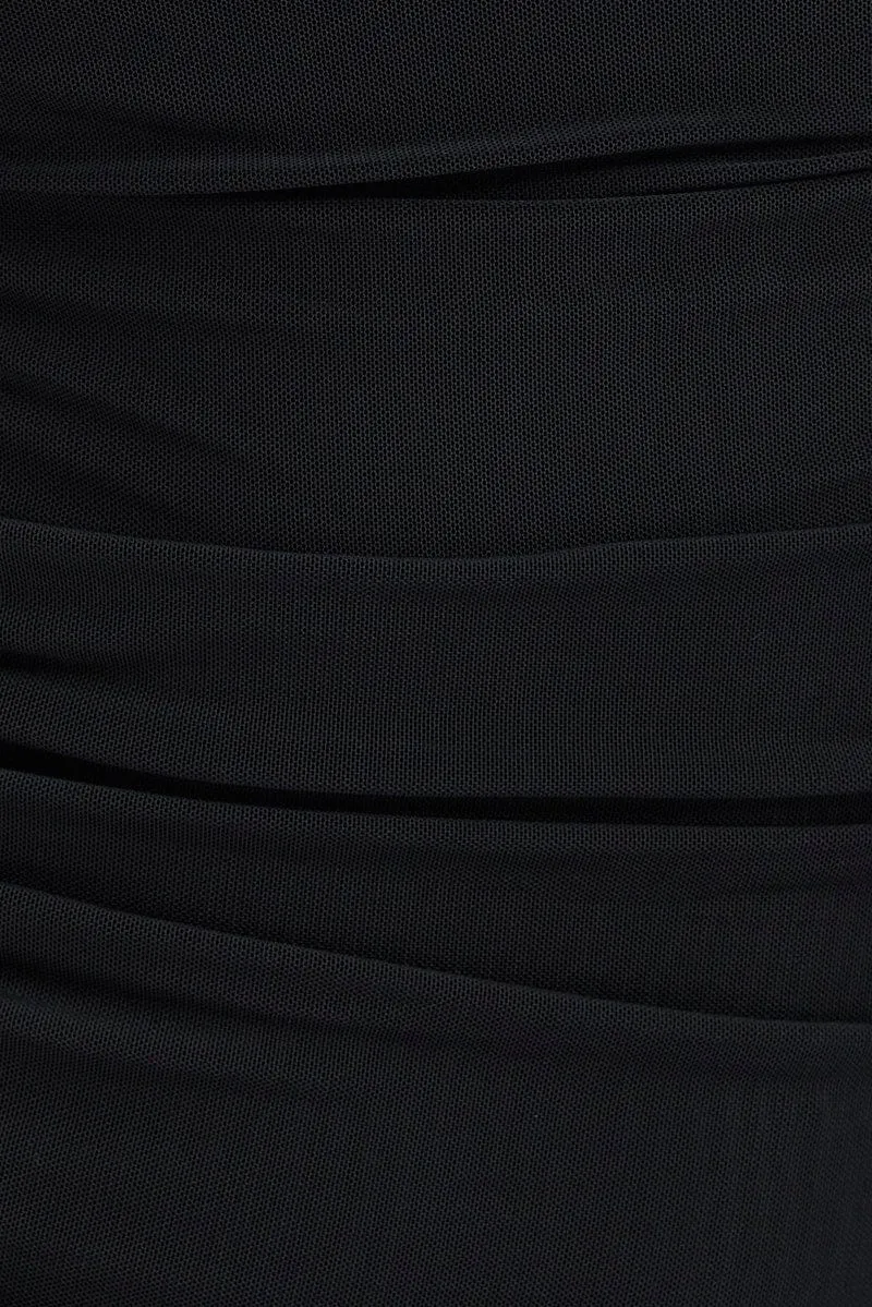 Black Midi Dress Long Sleeve Square Neck Ruched Bodycon