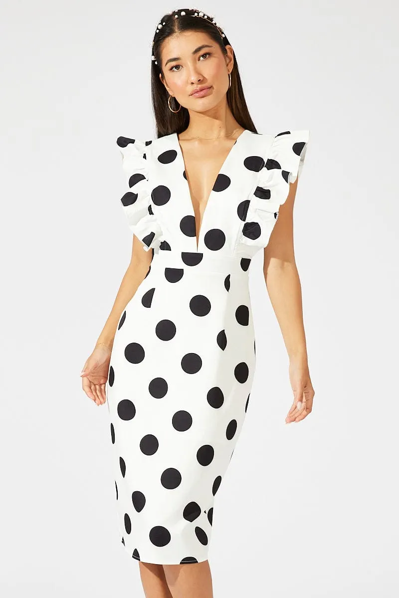 Black Polka Dot Midi Dress Plunge Ruffle Shoulder Oversized Polka