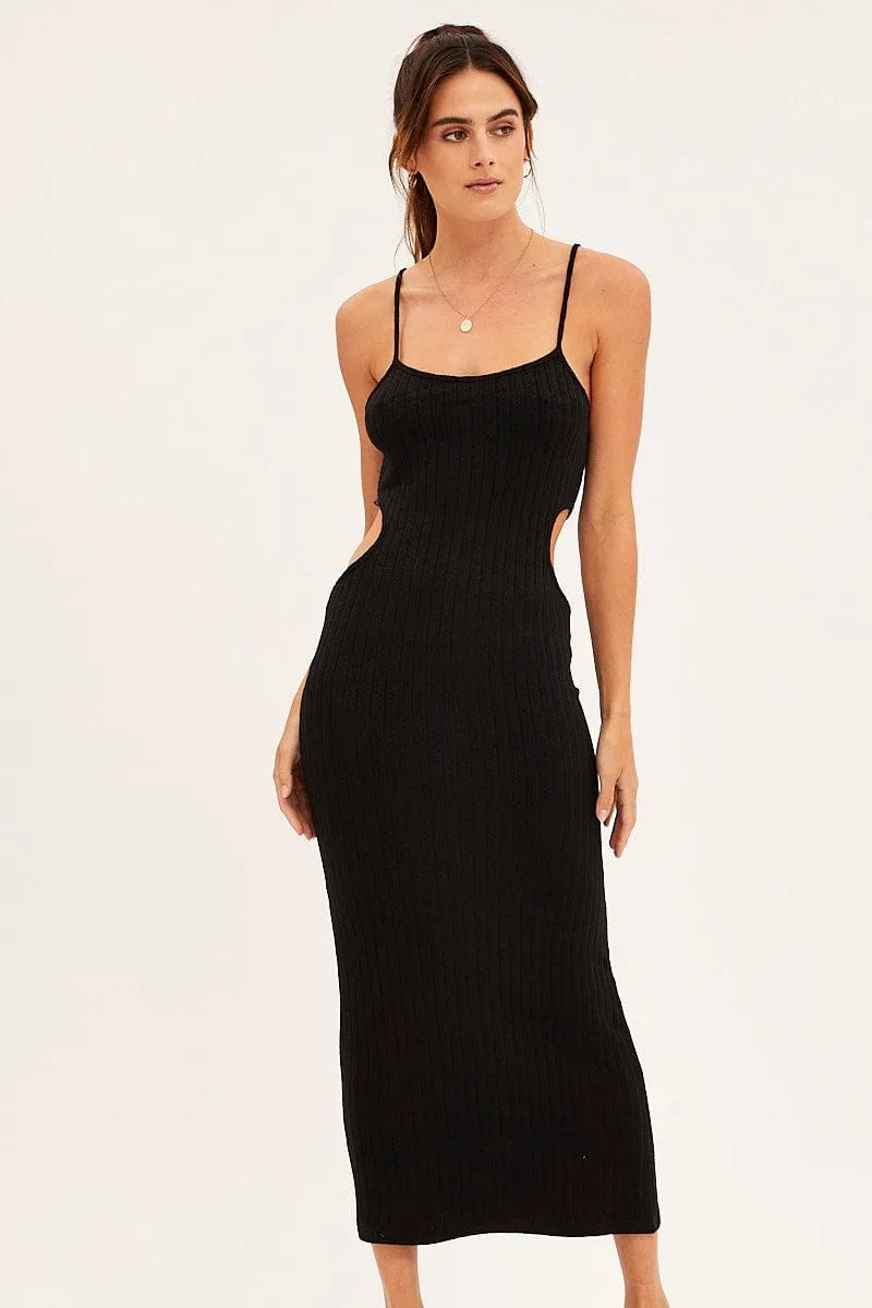Black Ribbed Midi Dress Cutout
