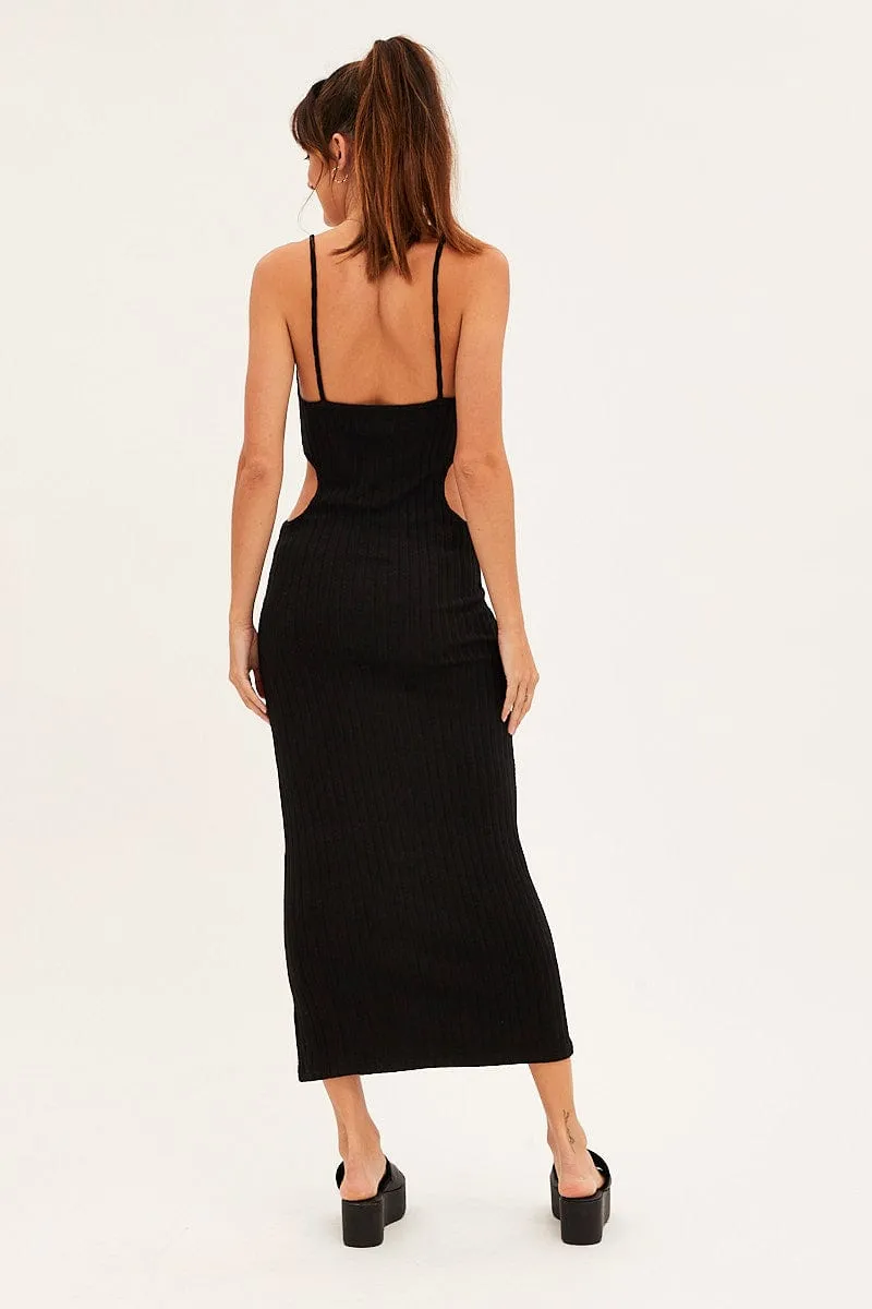 Black Ribbed Midi Dress Cutout