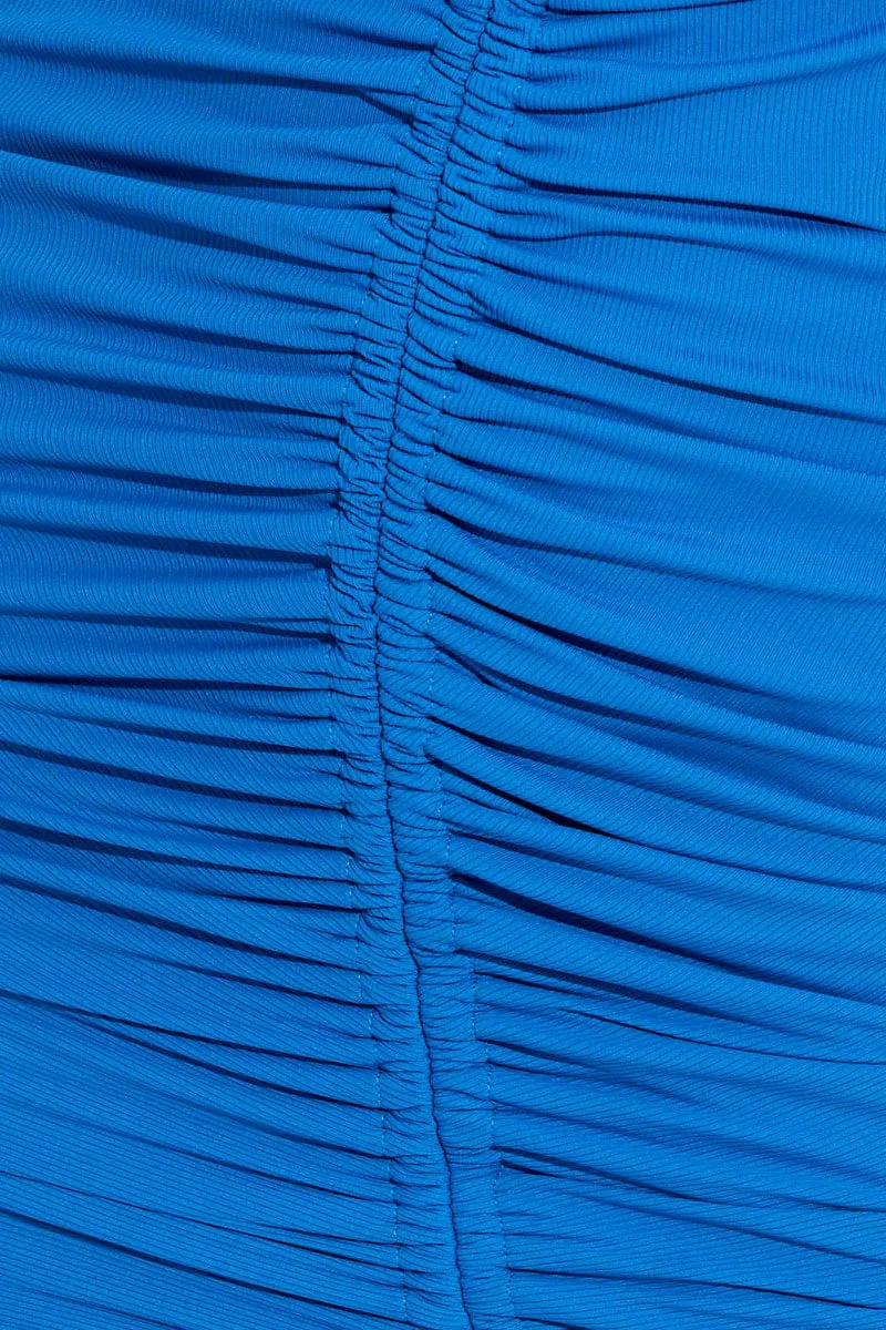 Blue Bodycon Dress Mini Sleeveless Ruched Rib Jersey