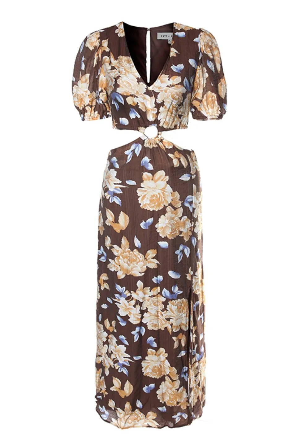Breeze Chocolate Floral Puff SS V Neck Waist Cut Out Maxi Dress