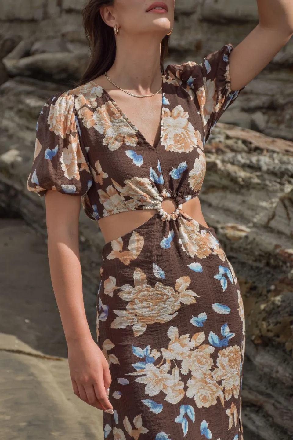 Breeze Chocolate Floral Puff SS V Neck Waist Cut Out Maxi Dress