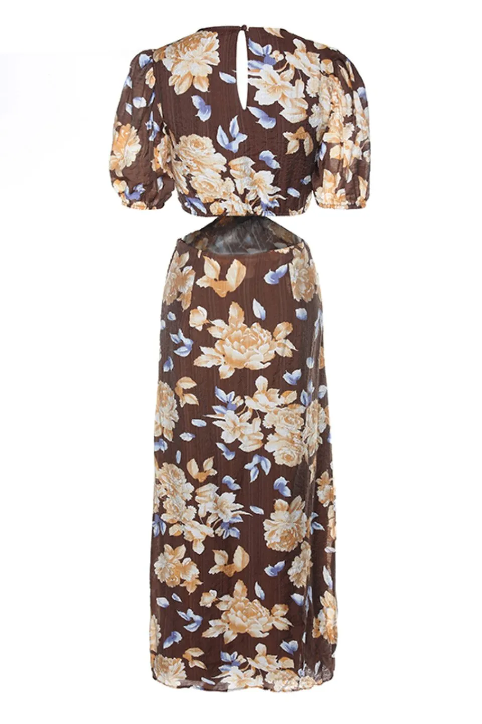 Breeze Chocolate Floral Puff SS V Neck Waist Cut Out Maxi Dress