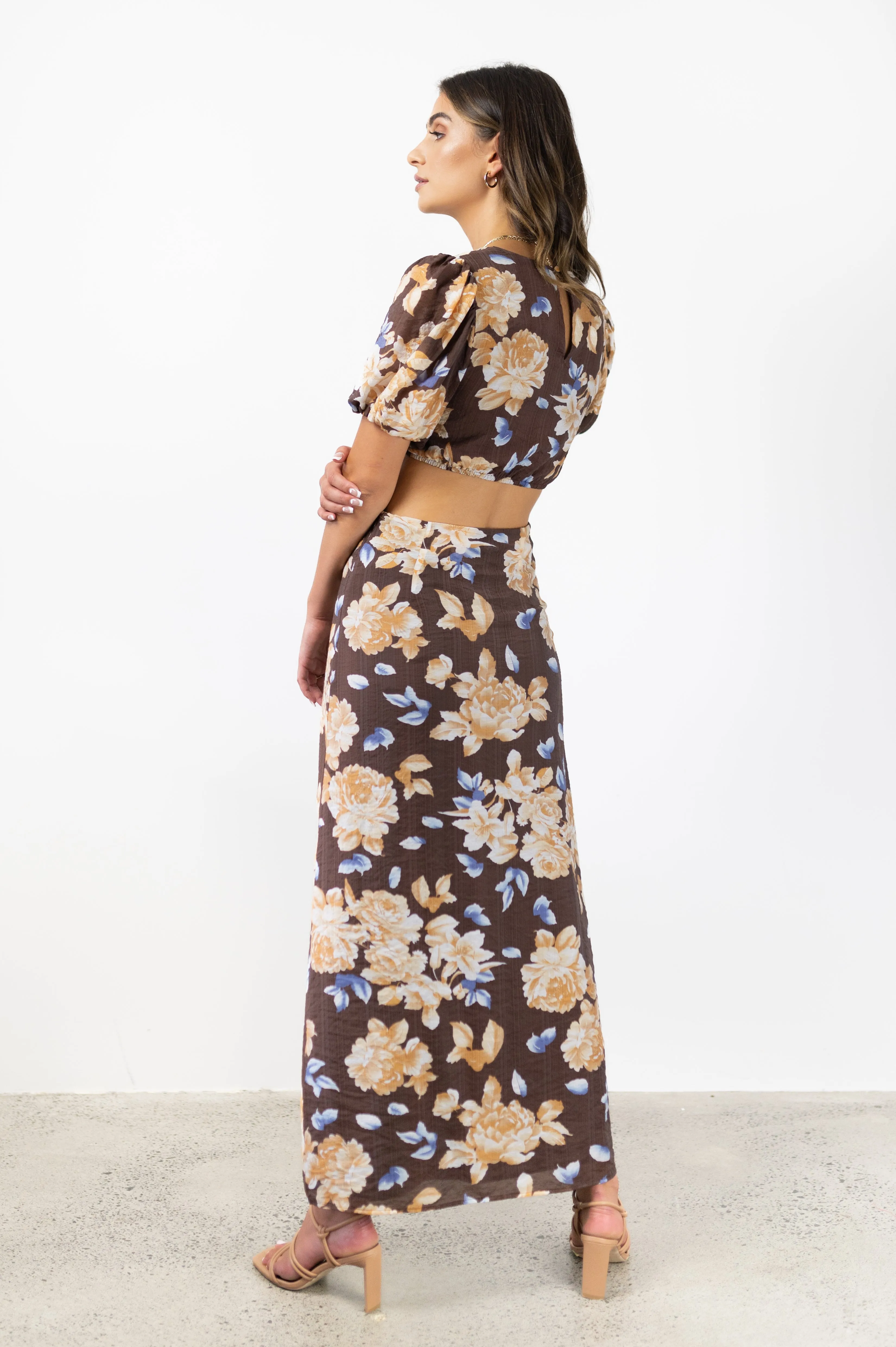 Breeze Chocolate Floral Puff SS V Neck Waist Cut Out Maxi Dress
