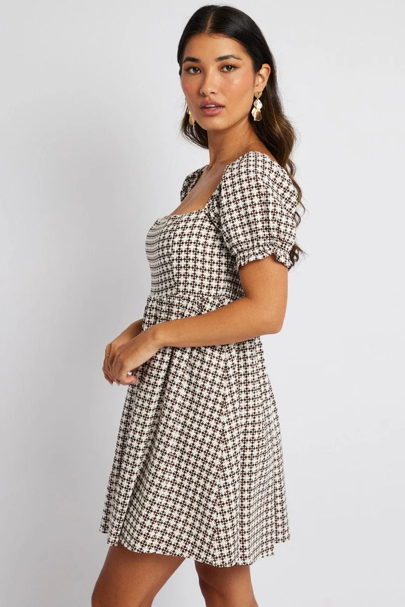 Brown Geo Fit and Flare Dress Short Sleeve