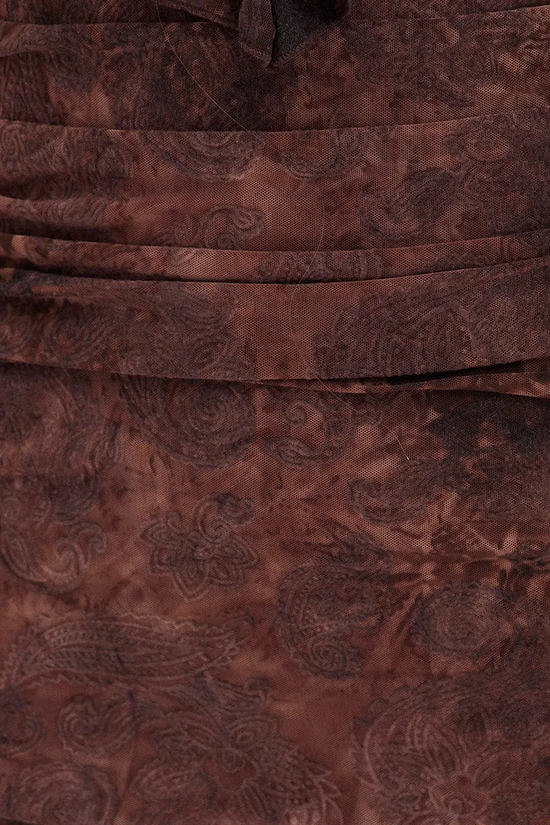 Brown Paisley Mesh Mini Dress V Ruffle Neck Burnt Out Paisley