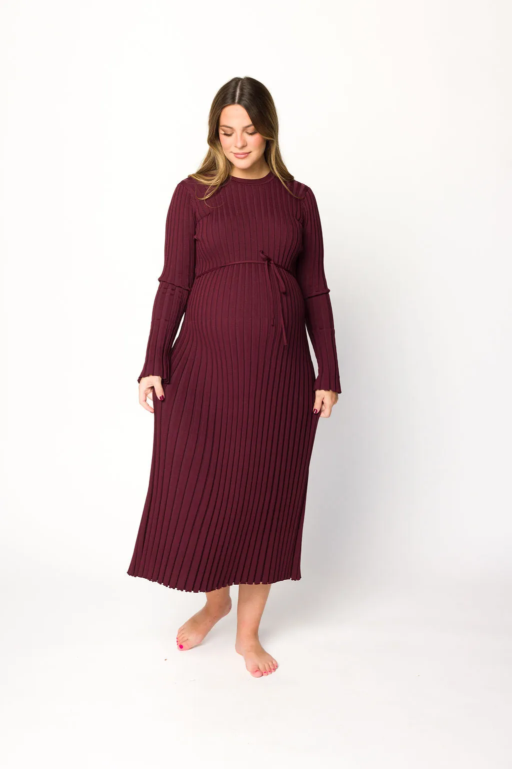 Colette Premium Long Sleeved Ribbed Knit Maxi Dress in Burgundy - Bump Friendly