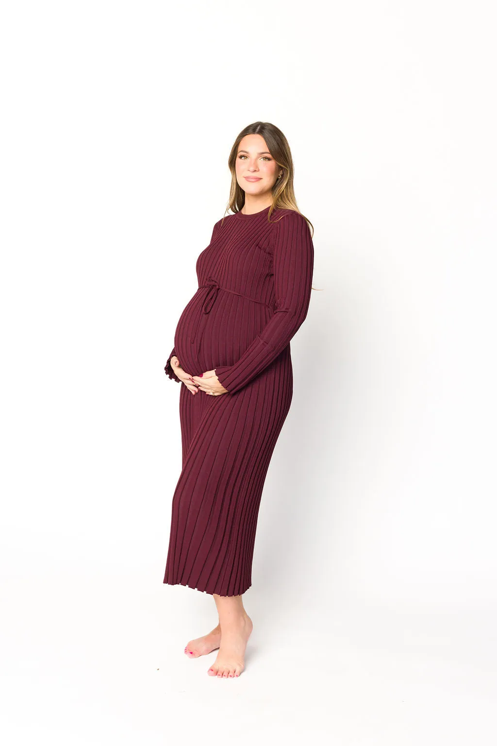 Colette Premium Long Sleeved Ribbed Knit Maxi Dress in Burgundy - Bump Friendly