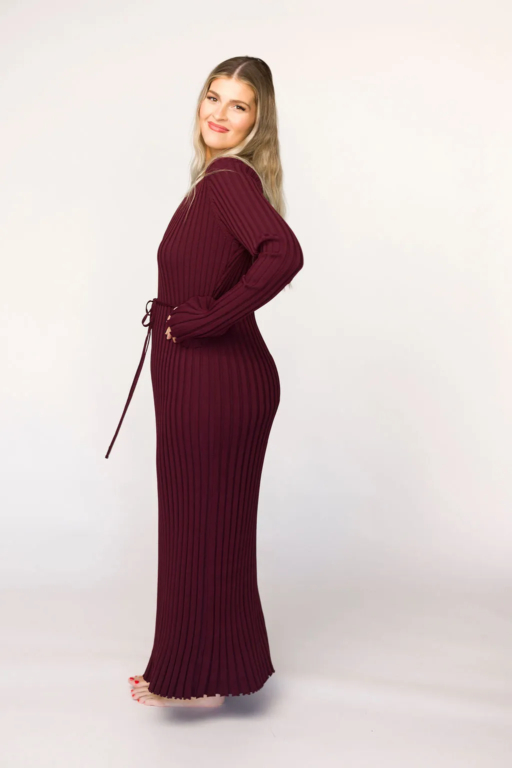 Colette Premium Long Sleeved Ribbed Knit Maxi Dress in Burgundy - Bump Friendly