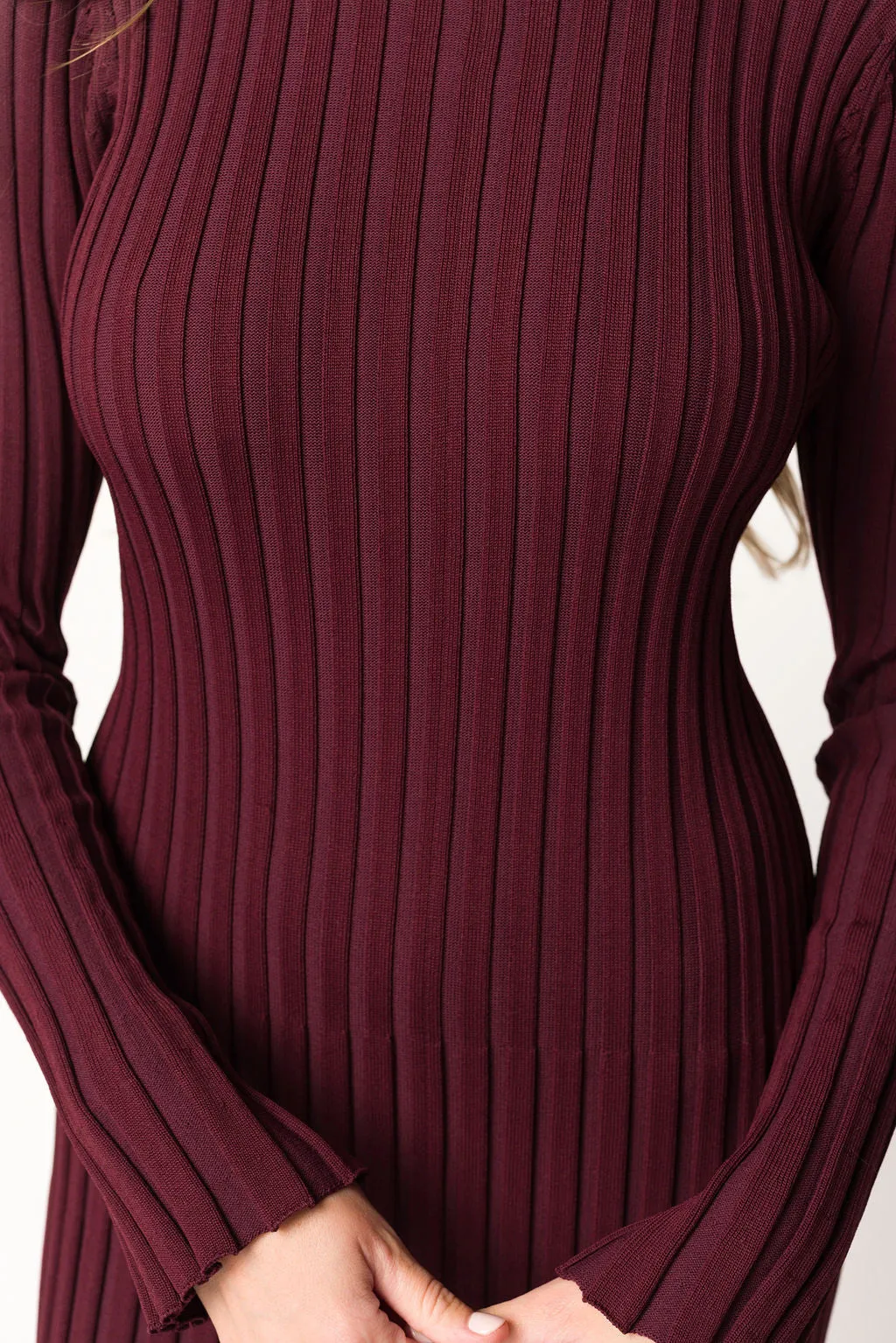 Colette Premium Long Sleeved Ribbed Knit Maxi Dress in Burgundy - Bump Friendly