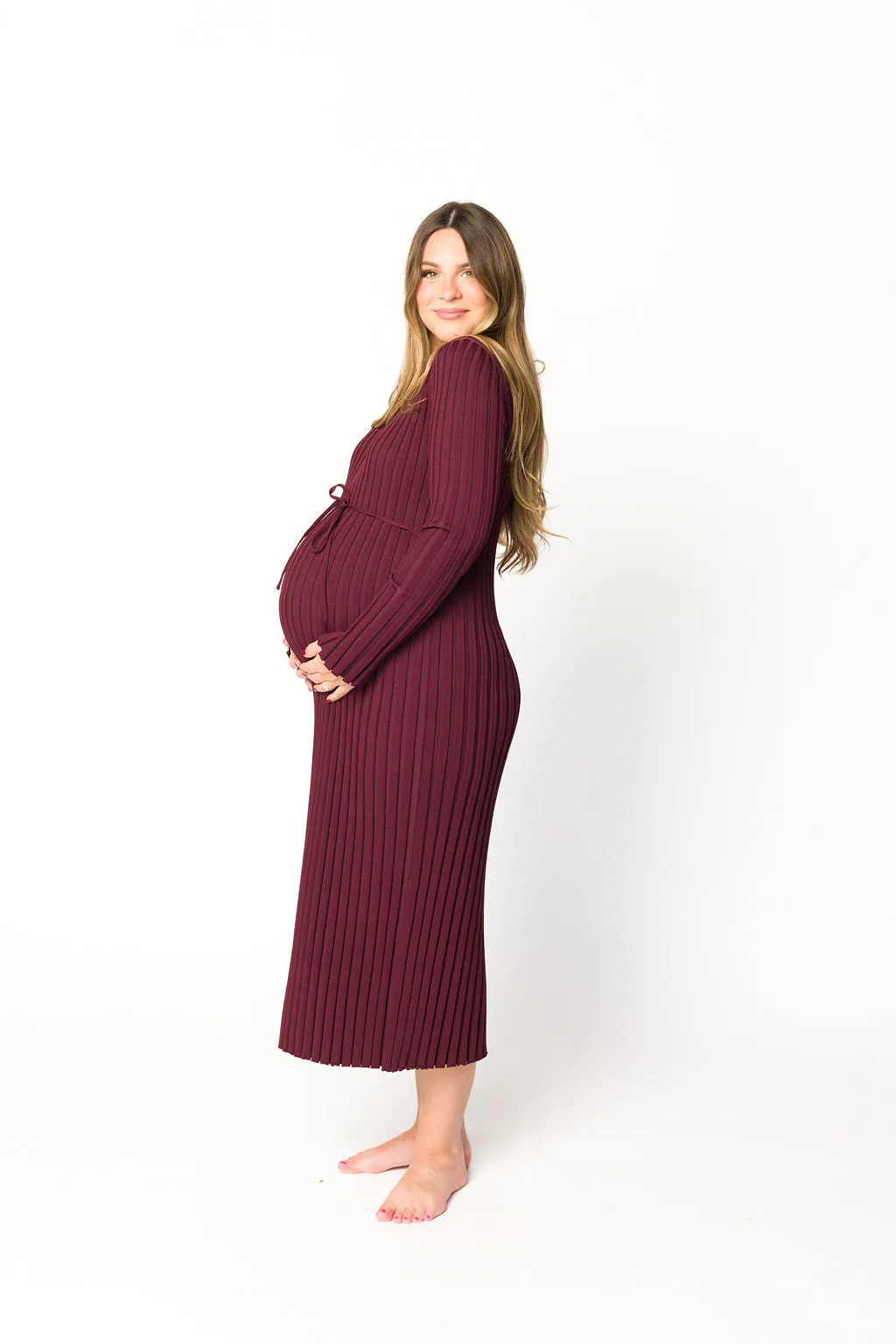 Colette Premium Long Sleeved Ribbed Knit Maxi Dress in Burgundy - Bump Friendly