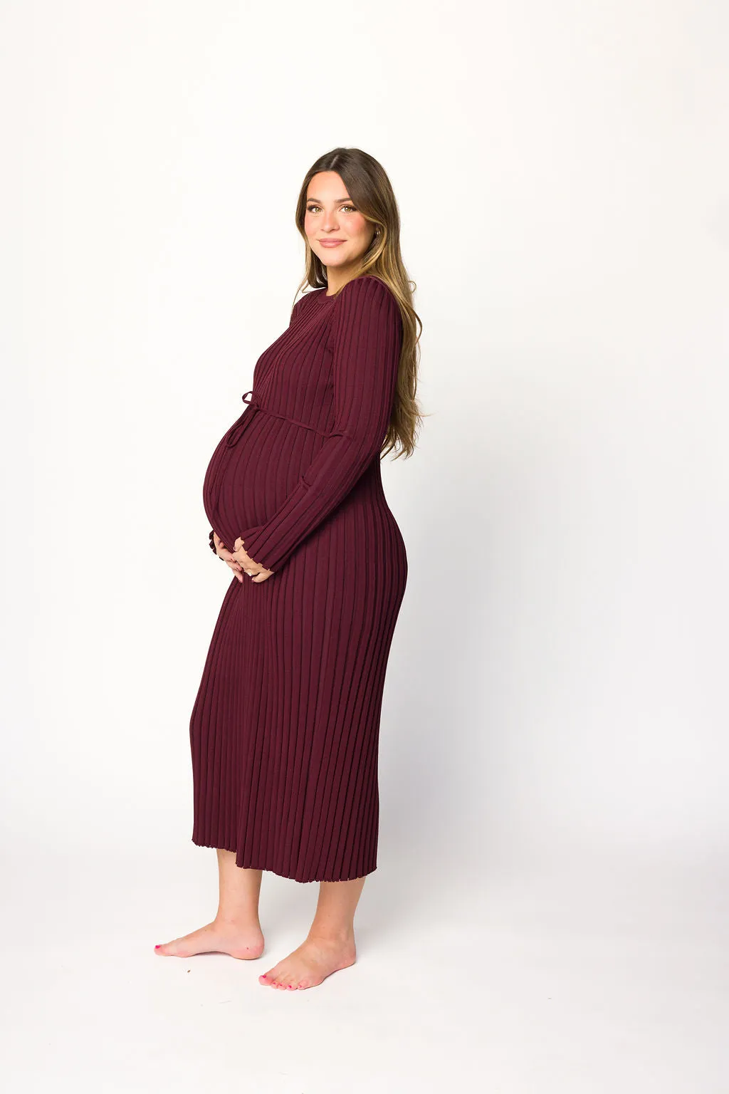 Colette Premium Long Sleeved Ribbed Knit Maxi Dress in Burgundy - Bump Friendly