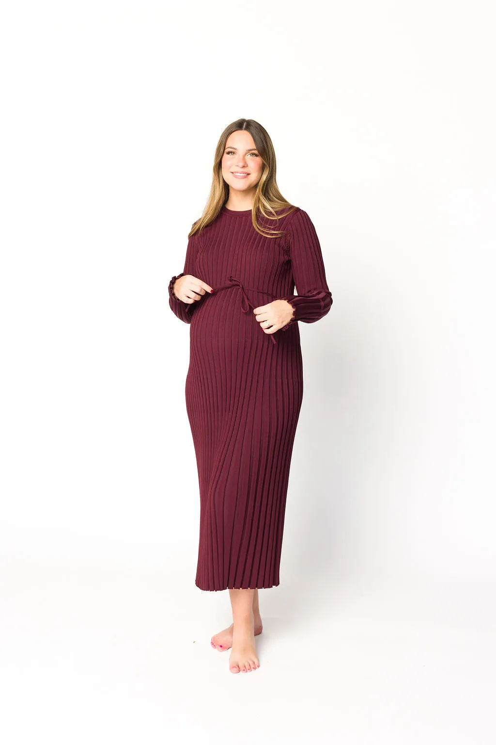 Colette Premium Long Sleeved Ribbed Knit Maxi Dress in Burgundy - Bump Friendly