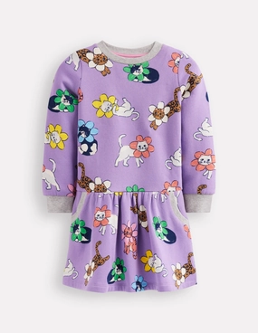 Cosy Printed Sweatshirt Dress-Aster Purple Flower Cat